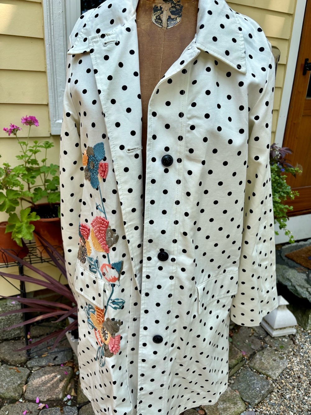 Vintage Anthropologie White and Black Polka Dot Coat with Floral Embroidery